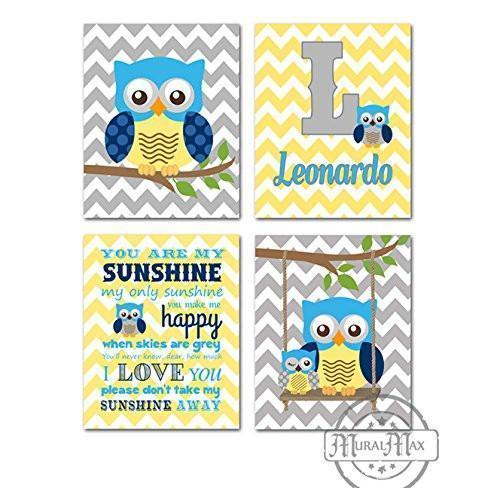 Personalized Owl Chevron Inspirational Rhyme Theme - Set of 4 - Unframed Prints-MuralMax Interiors