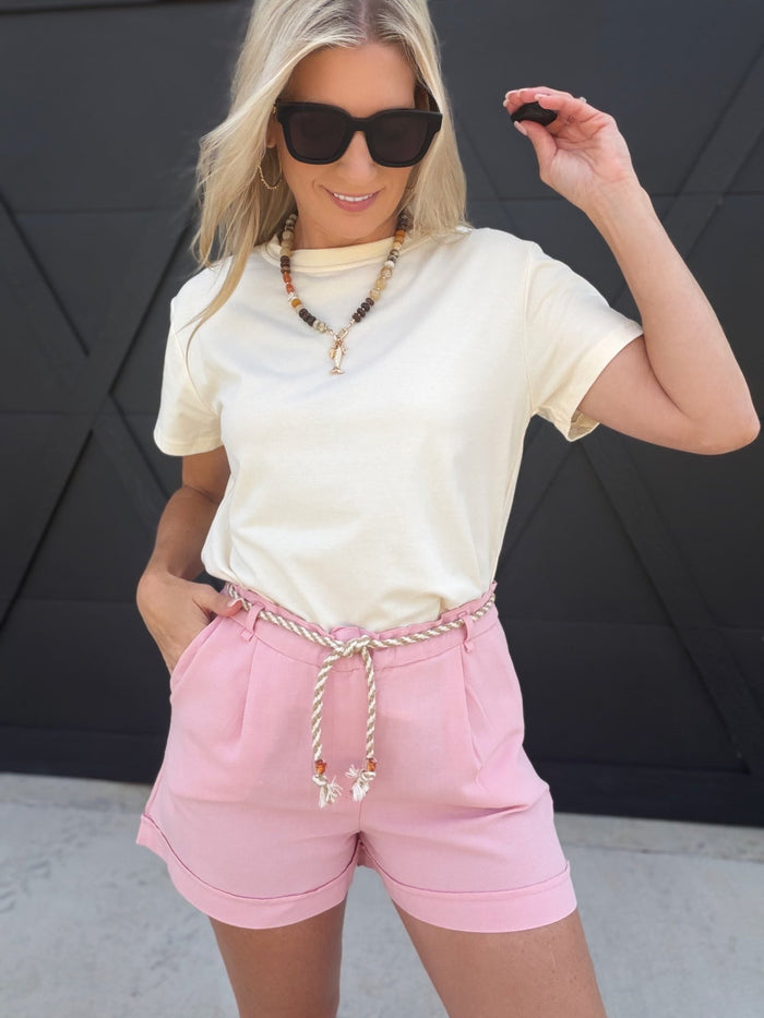 Plain Round Neck Short Sleeve T-Shirt In Apricot - Infinity Raine