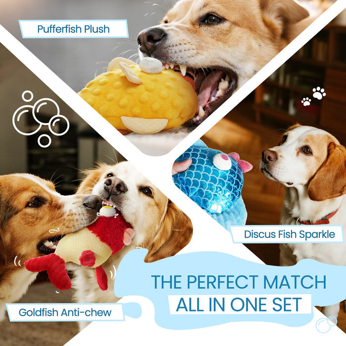 Plush Fish Dog Toys Set Squeaky Crinkle Chew Toys for Small Dogs