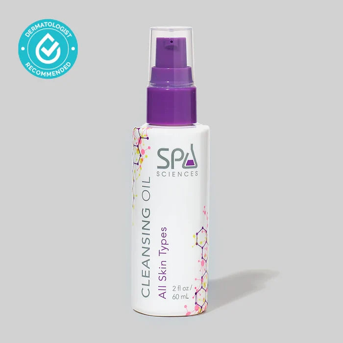 A 2 fl oz (60 mL) bottle of Michael Todd Beauty Pre-treatment Cleansing Oil for all skin types, with a purple pump and a “Dermatologist Recommended” badge in the upper left corner.