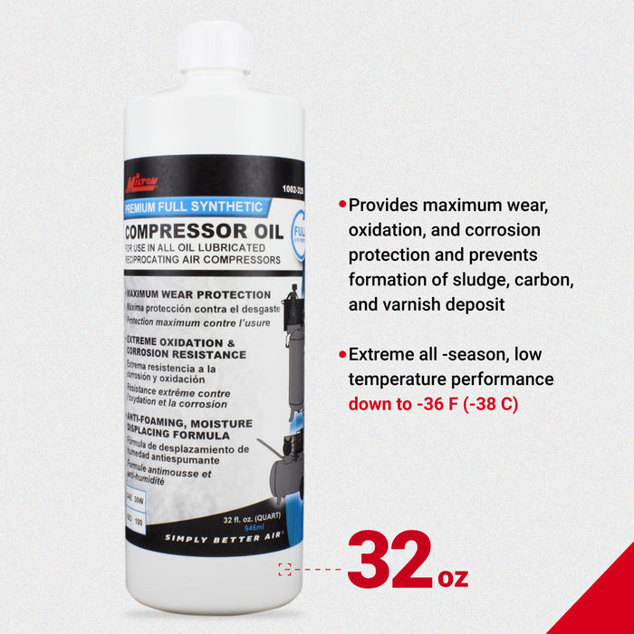 Premium Full Synthetic Air Compressor Oil (SAE 30W, ISO 100), 32 oz.