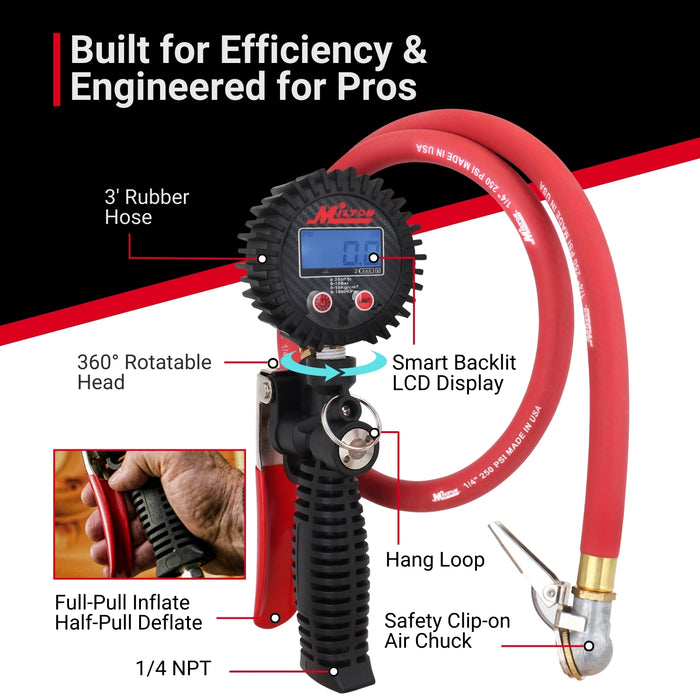 Pro Digital Tire Inflator/Pressure Pistol Grip Gauge - Ball Foot Air Chuck w/Clip, 36" Hose