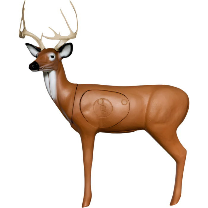 Deer-shaped target with brown body and white antlers on a white background