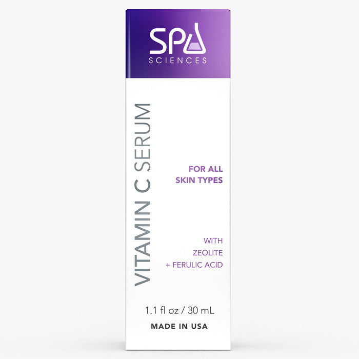 Front view of a white and purple box labeled "Radiance Reclaimed Vitamin C Brightening Serum" by Michael Todd Beauty—an antioxidant, anti-aging formula for all skin types with zeolite and ferulic acid, made in the USA.