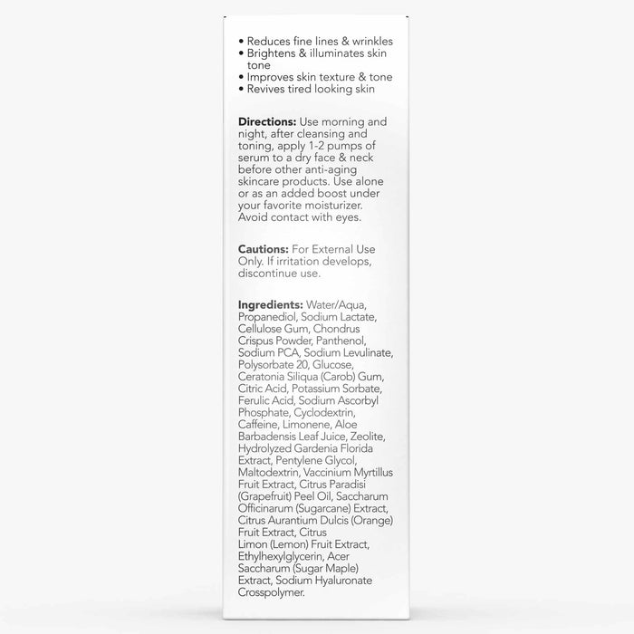 Back of Michael Todd Beauty Radiance Reclaimed Vitamin C Brightening Serum box lists benefits, directions, cautions, and anti-aging ingredients in black text on a white background.