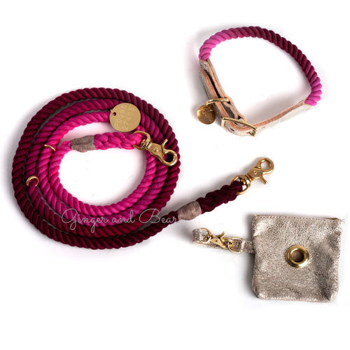 Rope and Leather Dog Collar, Maroon Ombre with Metallic Leather