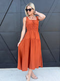 Scoop Neckline Front Tie Shirred Waist A-Line Midi Dress in Rust - Infinity Raine