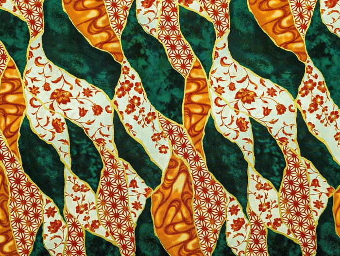 Senyo - Patterned Golden Kintsugi Cotton Fabric - Green and Orange