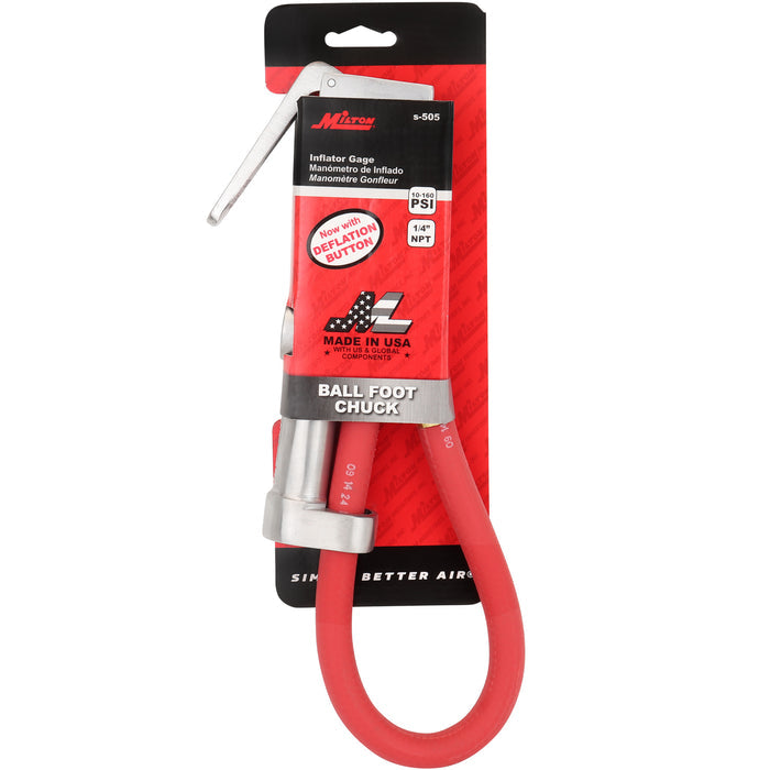 Service Station Tire Inflator and Air Pressure Gauge, Single Head Chuck, 1/4" NPT, 15" Rubber Hose, 10-160 PSI