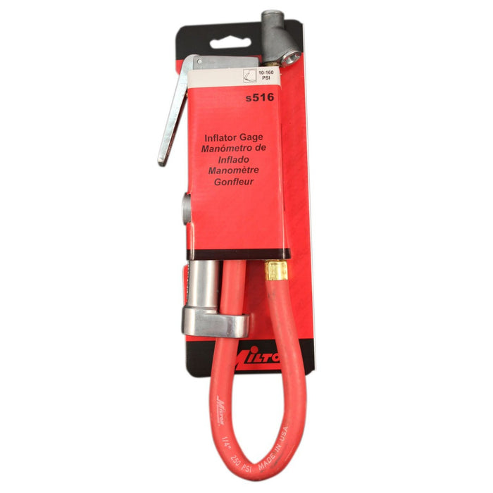 Service Station Tire Inflator and Air Pressure Gauge, Straight Foot Chuck w/ Thread Lock, 1/4" NPT, 15" Rubber Hose, 10-160 PSI (Single Retail Pack)