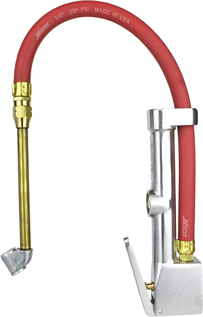 Service Station Tire Inflator and Air Pressure Gauge, Straight Foot Chuck w/ Thread Lock, 1/4" NPT, 15" Rubber Hose, 10-160 PSI (Single Retail Pack)