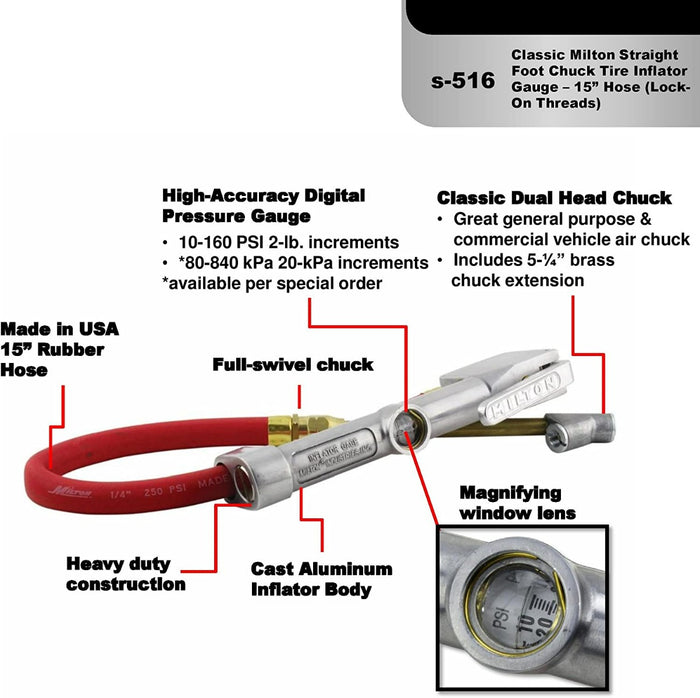 Service Station Tire Inflator and Air Pressure Gauge, Straight Foot Chuck w/ Thread Lock, 1/4" NPT, 15" Rubber Hose, 10-160 PSI (Single Retail Pack)