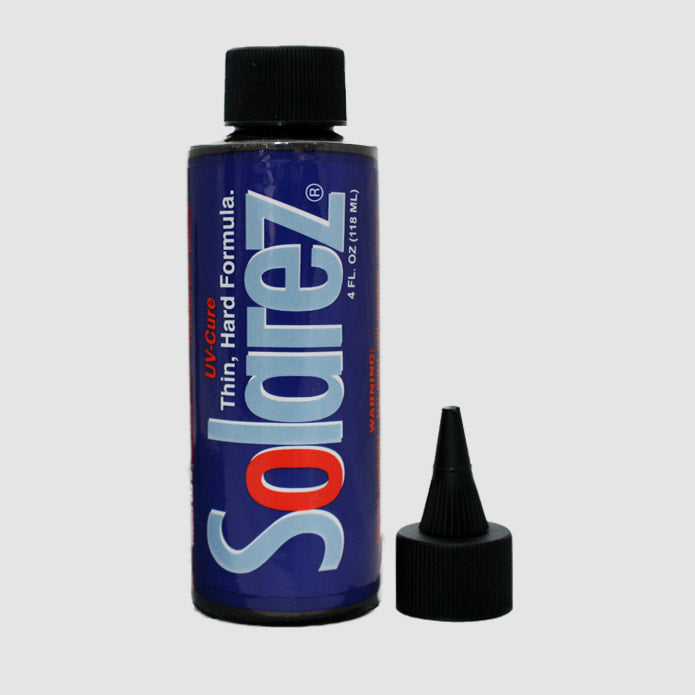 Solarez Bone Dry UV Resin (4oz) – clear, fast-curing fly tying resin for building heads, coatings, and small fly bodies with a glass-like finish.