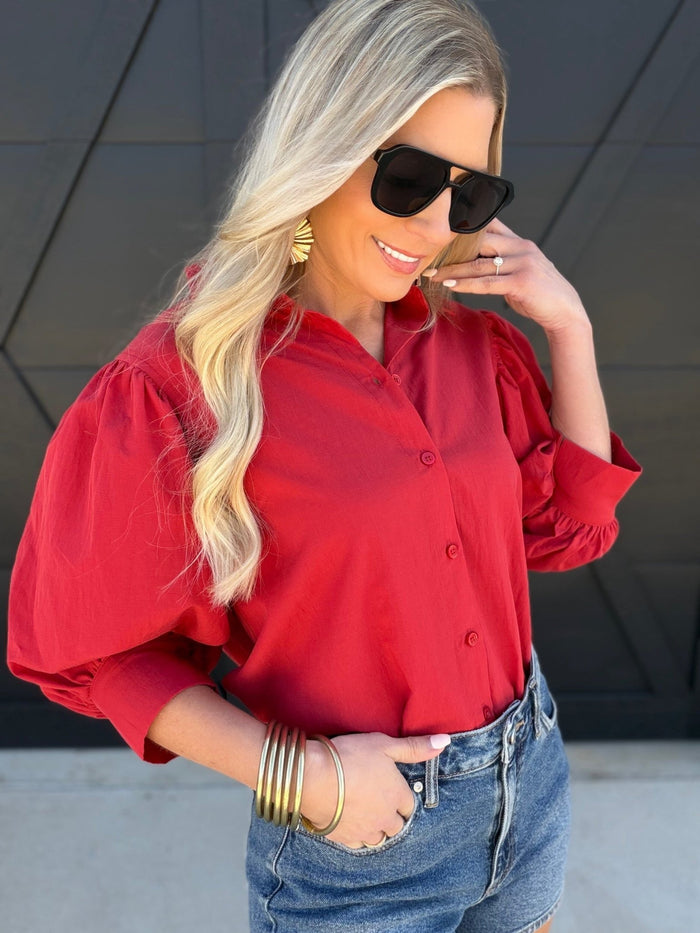 Solid puff Sleeve Button Down Shirt In Red - Infinity Raine