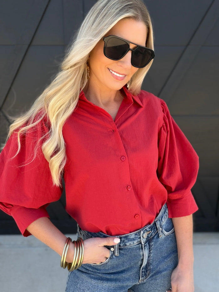 Solid puff Sleeve Button Down Shirt In Red - Infinity Raine
