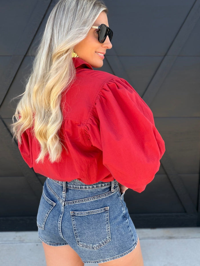 Solid puff Sleeve Button Down Shirt In Red - Infinity Raine