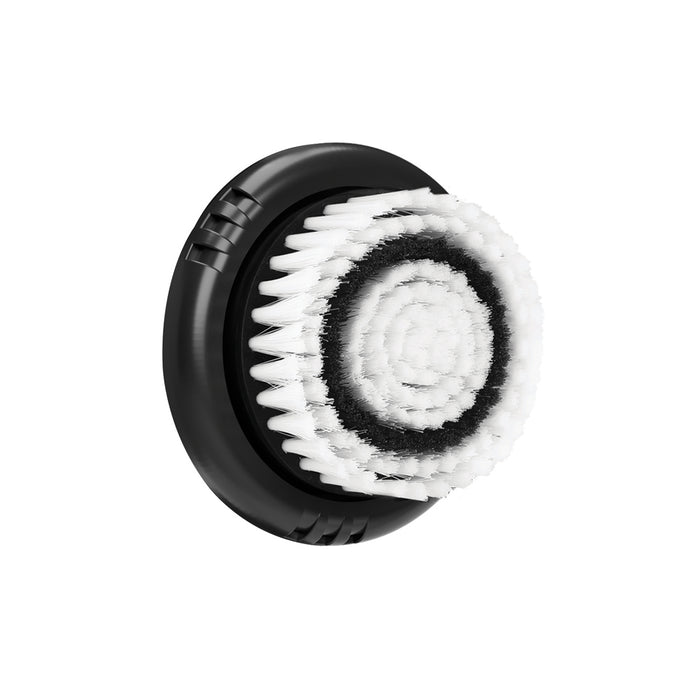 The Soniclear Face Brush (v.2) by Michael Todd Beauty features a round antimicrobial brush head with white bristles and a black circular pattern, set on a black base, designed for daily facial cleansing and pore unclogging. Shown on a white background.