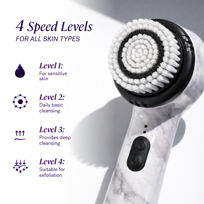White Marble The Soniclear by Michael Todd Beauty is a dermatologist-recommended marble-patterned facial brush with antimicrobial bristles and 4 speed levels for sensitive skin, daily cleansing, deep cleansing, and exfoliation.