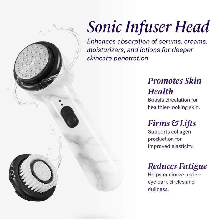 White Marble The Michael Todd Beauty Soniclear is a white skincare device with detachable, antimicrobial brushes. Benefits highlighted: promotes skin health, firms and lifts, reduces fatigue. Dermatologist recommended.