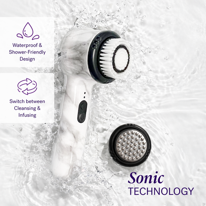 White Marble The Michael Todd Beauty Soniclear is a dermatologist-recommended electric sonic facial brush with two antimicrobial brushes, waterproof design, and dual cleansing/infusing modes. “Sonic Technology” is displayed at the bottom. Ideal for daily use.