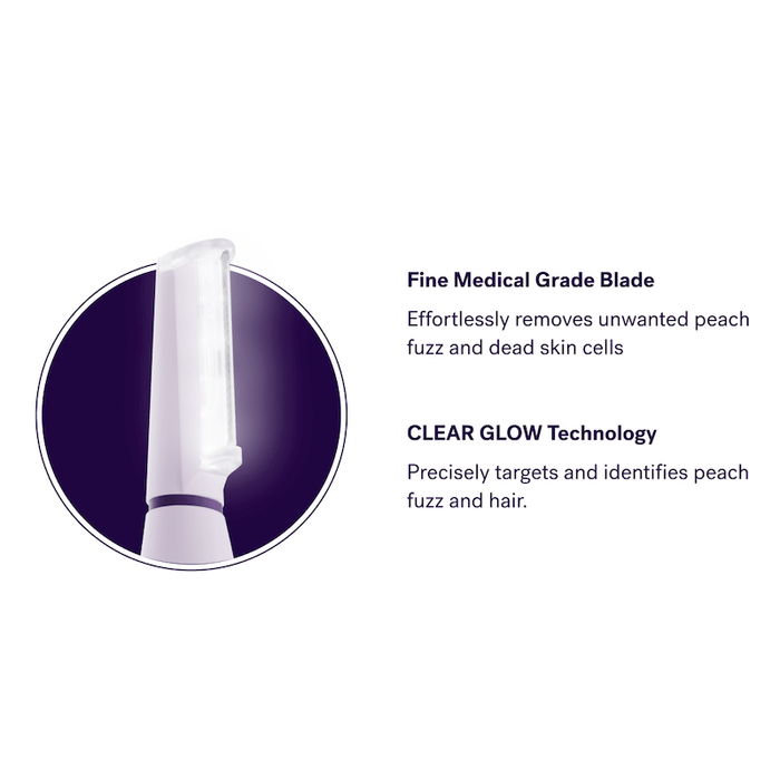 2 Month Supply - A close-up of a fine medical grade stainless steel blade in a purple circle features Michael Todd Beauty’s Sonicsmooth Clear Refill Tips. Text highlights its ability to remove peach fuzz and dead skin cells using CLEAR GLOW Technology, enhanced by Sonic Dermaplane for precision targeting.