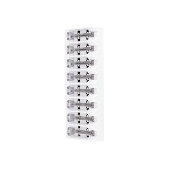 2 Month Supply - The Sonicsmooth Clear Refill Tips by Michael Todd Beauty is a white plastic holder containing nine replaceable razor blade cartridges, each with medical-grade safety tips arranged in a vertical column.