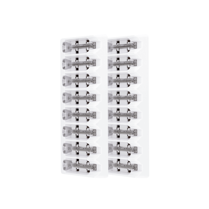 4 Month Supply - Two vertical rows of Sonicsmooth Clear Refill Tips by Michael Todd Beauty are arranged on a white background, showcasing their stainless steel connections for durability.