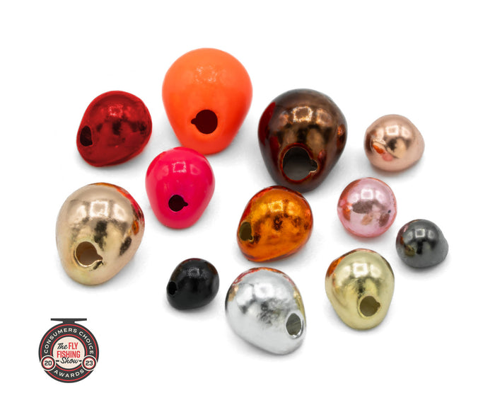 Umpqua Tungsten Jig Bomb bead for fly tying, teardrop-shaped tungsten jig bead designed to flip hooks point up and increase sink rate.