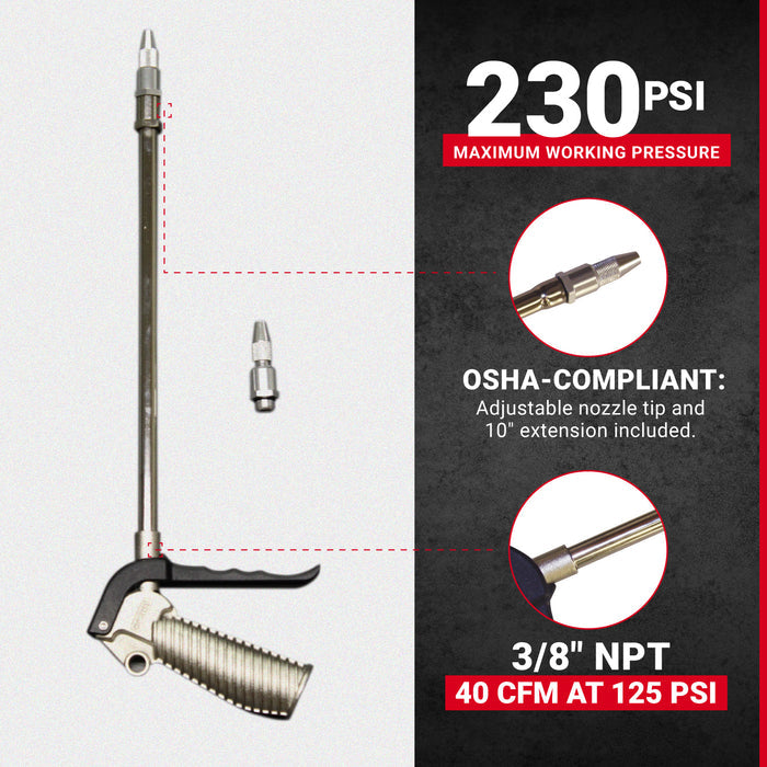 Turbo Pistol Grip Blow Gun - 10" Extended Reach and Adjustable Nozzle - 40 CFM - 230 Max PSI (S-182)