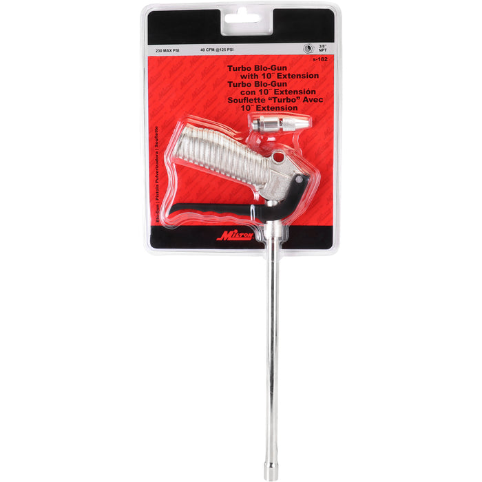 Turbo Pistol Grip Blow Gun - 10" Extended Reach and Adjustable Nozzle - 40 CFM - 230 Max PSI (S-182)