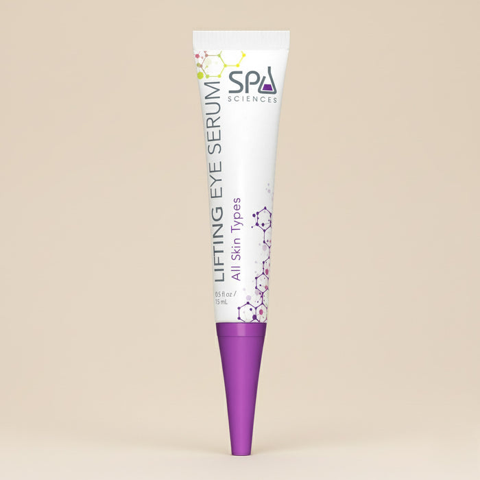 A tube of Michael Todd Beauty Wide Awake Lifting Eye Serum for all skin types stands upright against a plain beige background.
