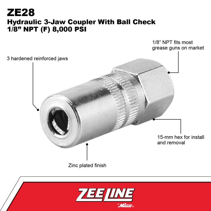 ZE28W - Hydraulic 3-Jaw Coupler with Ball Check 1/8” NPT (F) 8,000 PSI