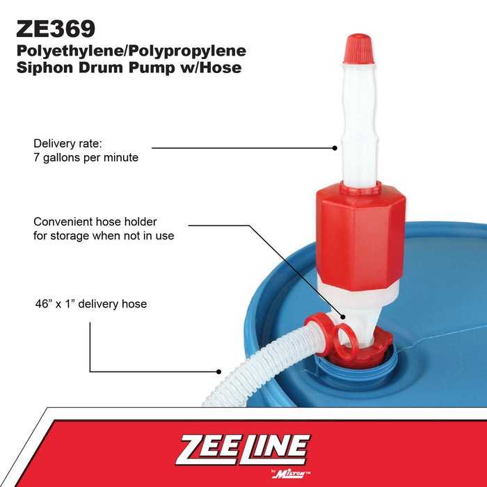 ZE369W - Polyethylene/Polypropylene Siphon Drum Pump with Hose (7 Gallons Per Minute)
